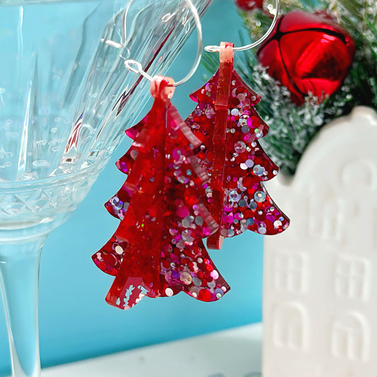 MERRY GLITZMAS RUBY RED : 3D CHRISTMAS TREE : Handmade Acrylic & Resin DROP Earrings