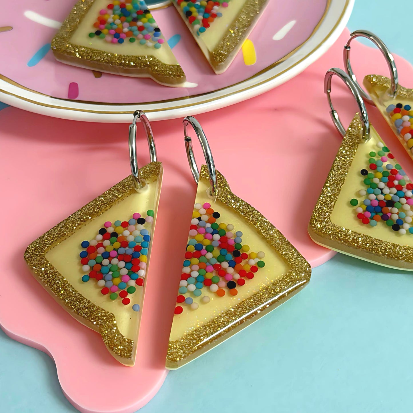 RAINBOW SPRINKLE FAIRYBREAD : Choose SILVER or GOLD hoops : Handmade Resin DROP Earrings