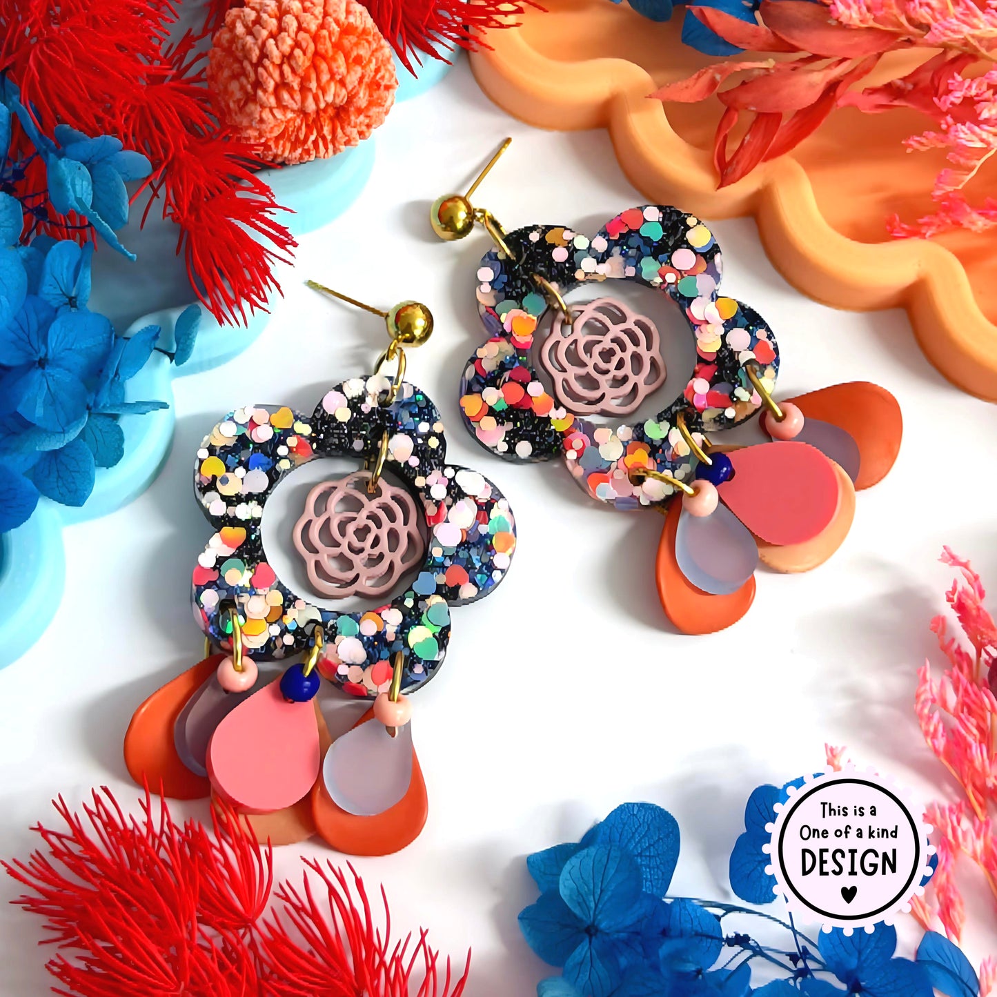 One of a Kind : BLOOMS : Handmade Resin & Acrylic DROP Earrings