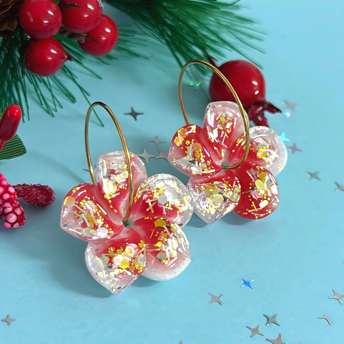 FESTIVE FRANGIPANI SPINNERS : Choose your colour : Handmade Resin DROP Earrings