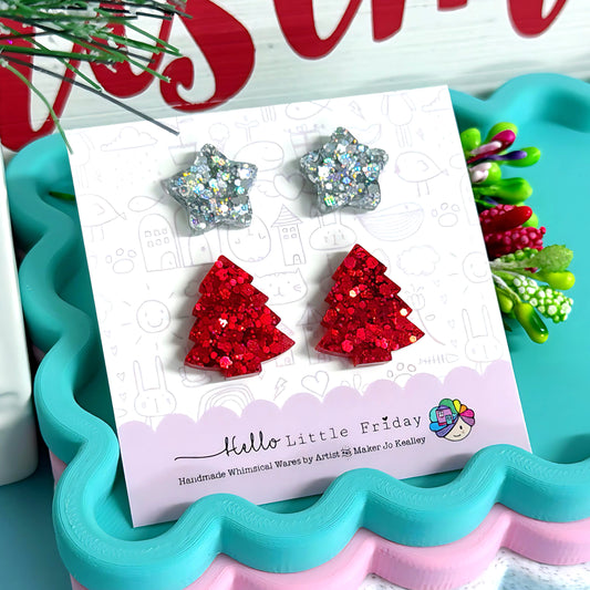 STAR & CHRISTMAS TREE STUD SET : Silver stars + Ruby trees : Handmade Resin STUD Earrings