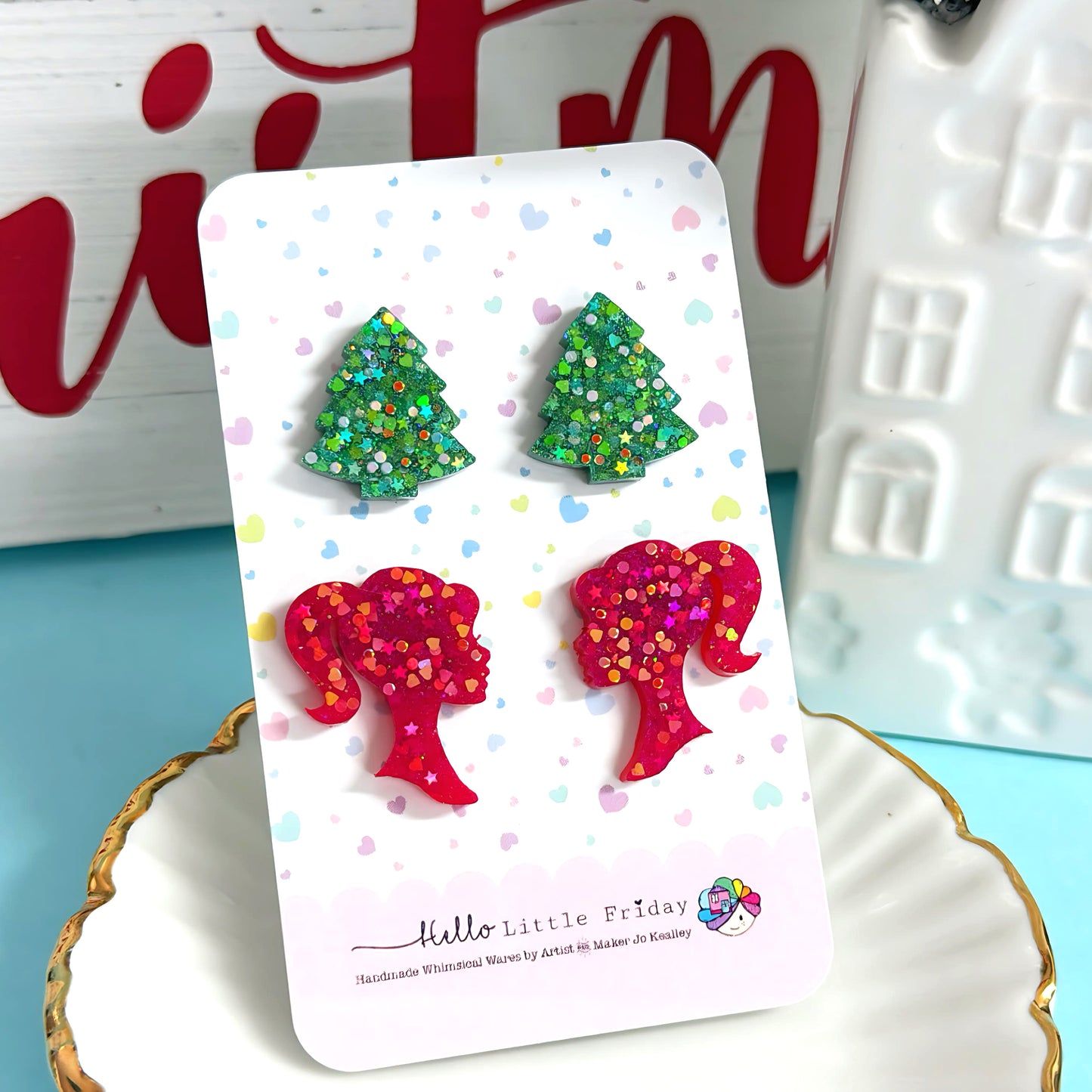 CHRISTMAS DOLL & TREE STUD SET : Handmade Resin STUD Earrings