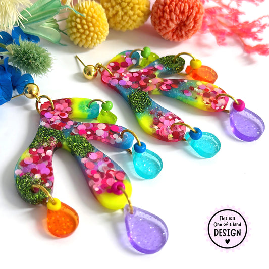 One of a Kind : RAINBOW CORAL : Handmade Resin DROP Earrings