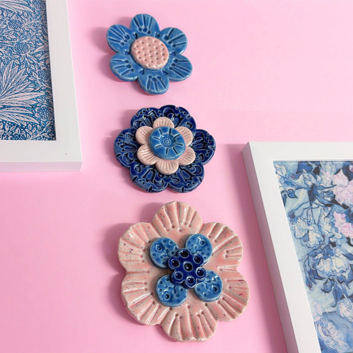 Petal Pink Denim Cobalt WALLFLOWERS Wall Art : Choose your design : Handmade Ceramic Ornaments by Jo Kealley