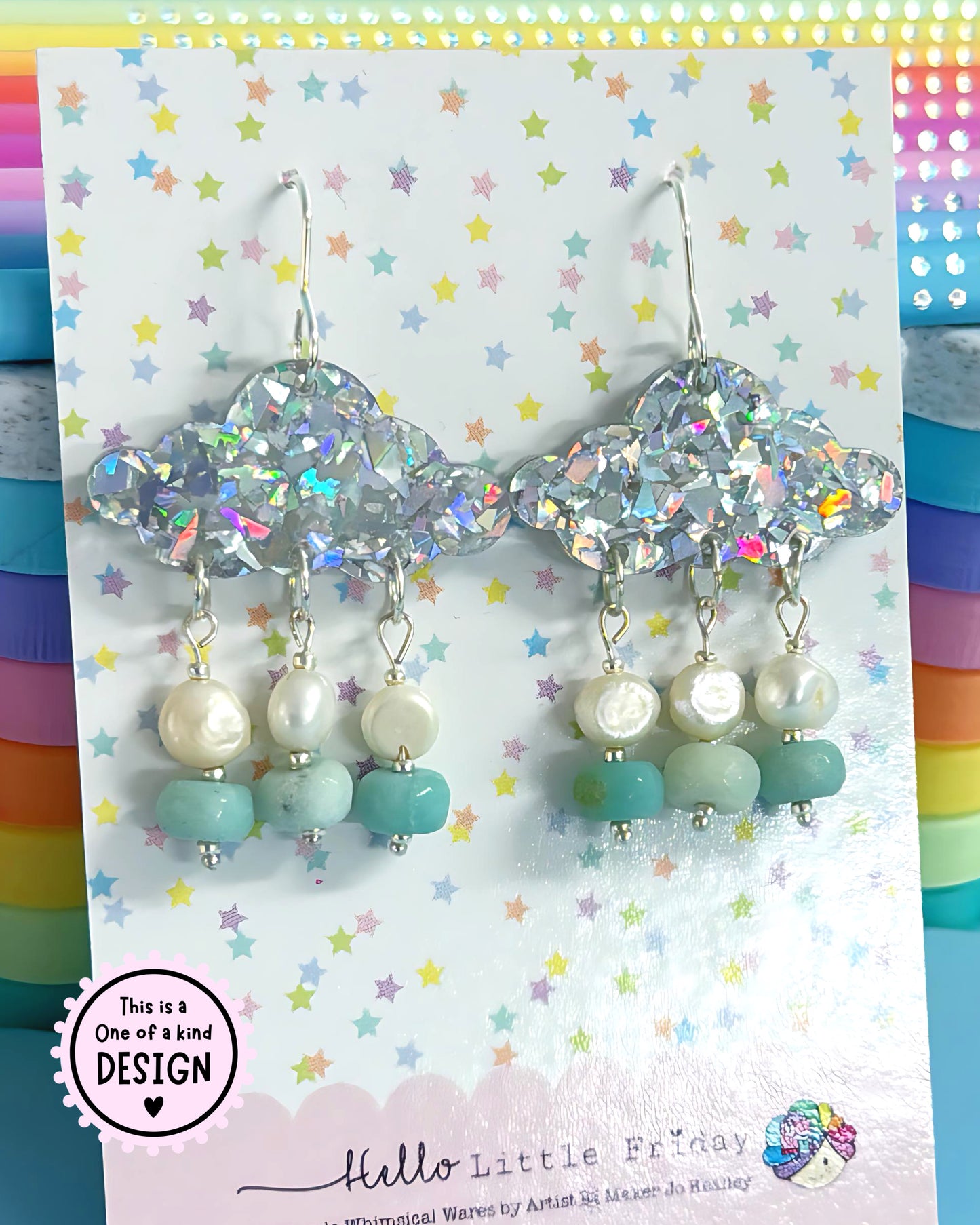 ONE OF A KIND: SILVER SHARD RAINBOW CLOUDS : Handmade Acrylic Beaded DROP Earrings