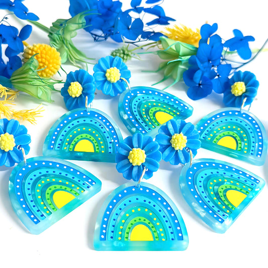 DAISY BOWS : Lemon Lime Blue : Handmade Acrylic Stud-top DROP Earrings
