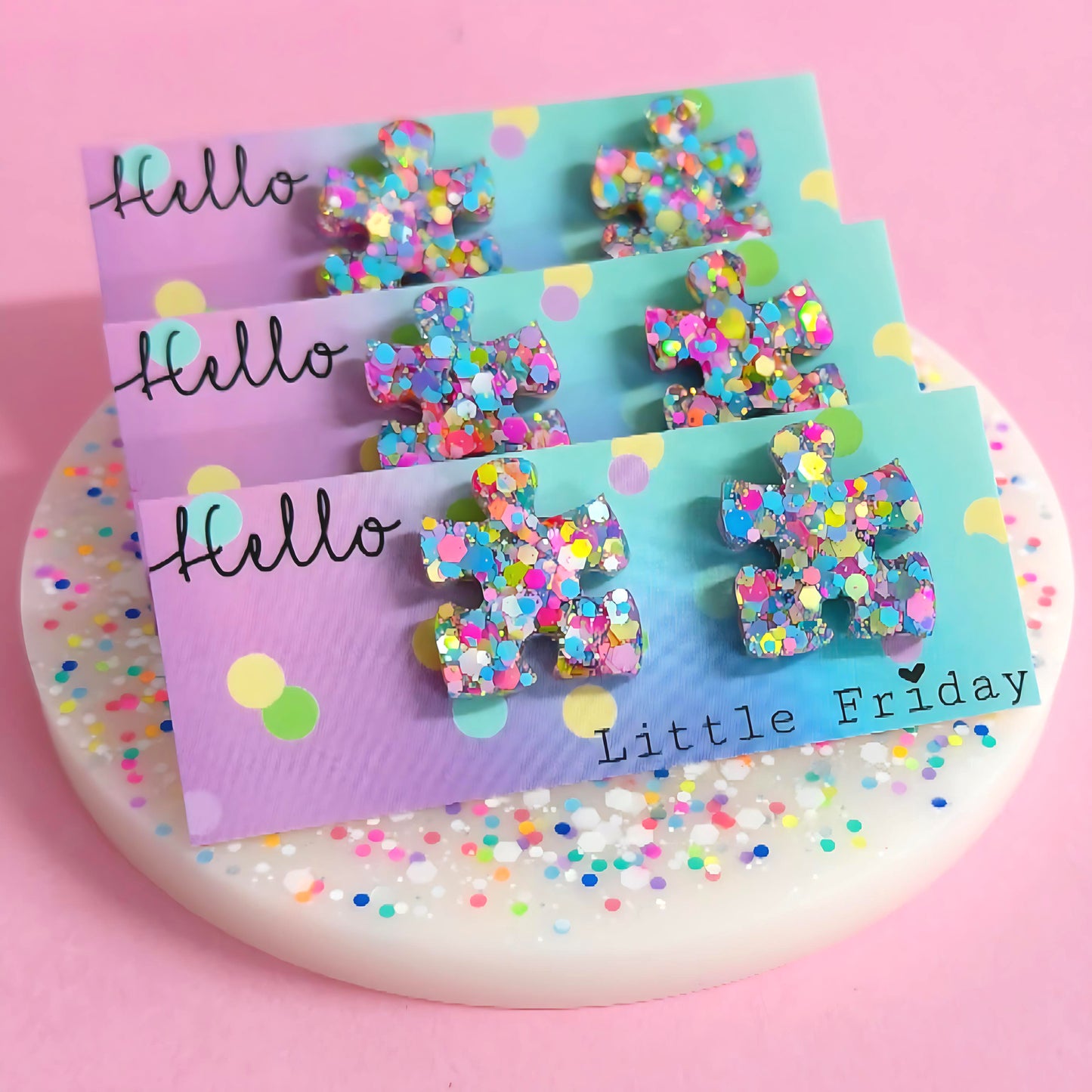 PUZZLE PIECES : RAINBOW CONFETTI : Handmade Resin STUD Earring