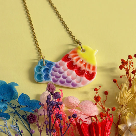 RAINBOW BLUEBIRD ~ One of a kind : Small Porcelain Pendant handmade by Jo Kealley