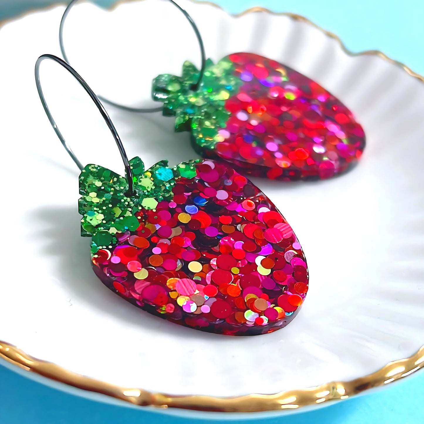 CONFETTI STRAWBERRIES : Handmade Resin DROP earrings