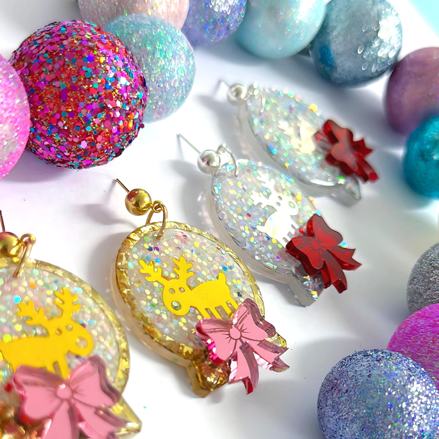 REINDEER SNOW GLOBES : Handmade Resin & Acrylic Stud-top DROP Earrings
