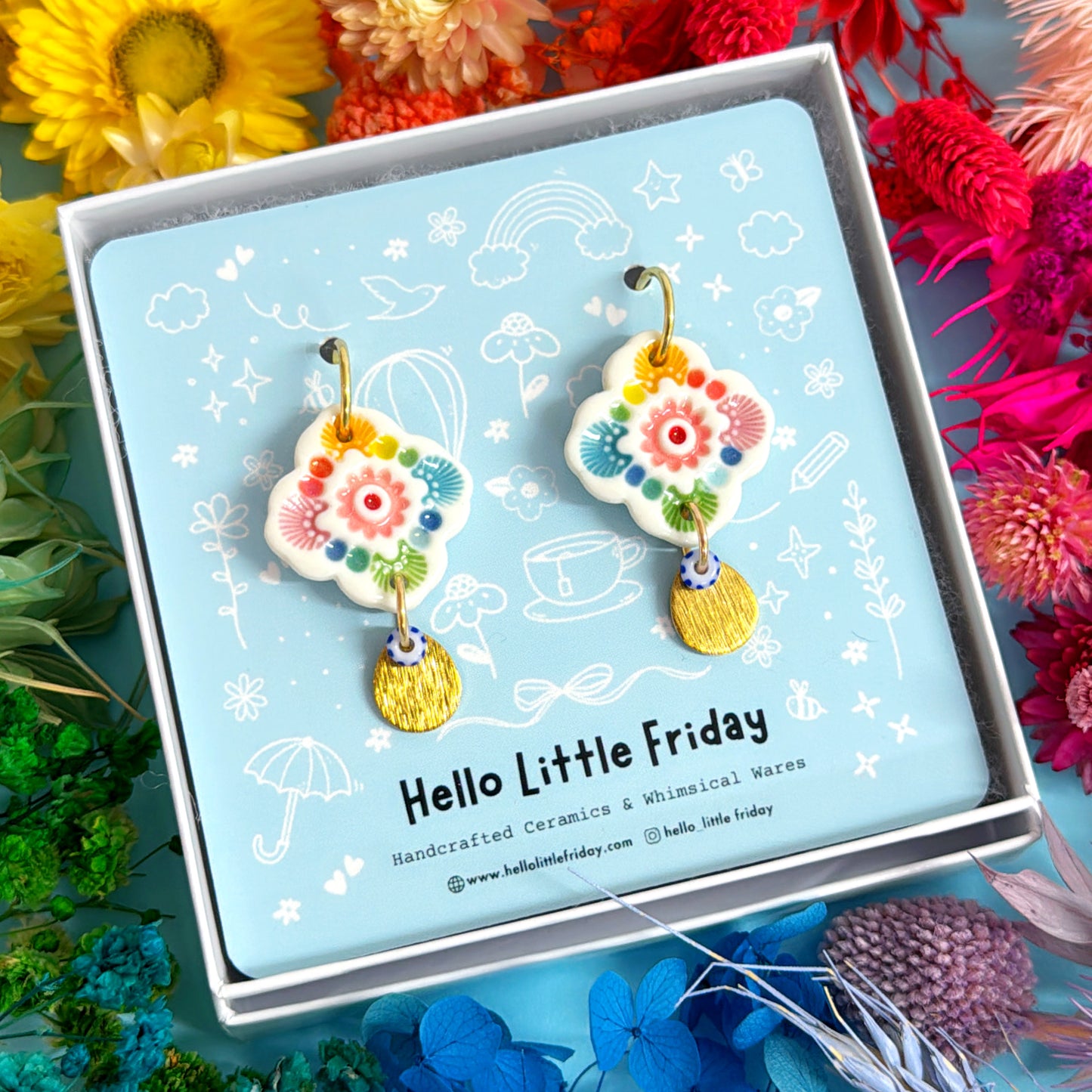 RAINBOW FIELDS : PINWHEELS ~ PORCELAIN Drop Earrings Handmade by Jo Kealley