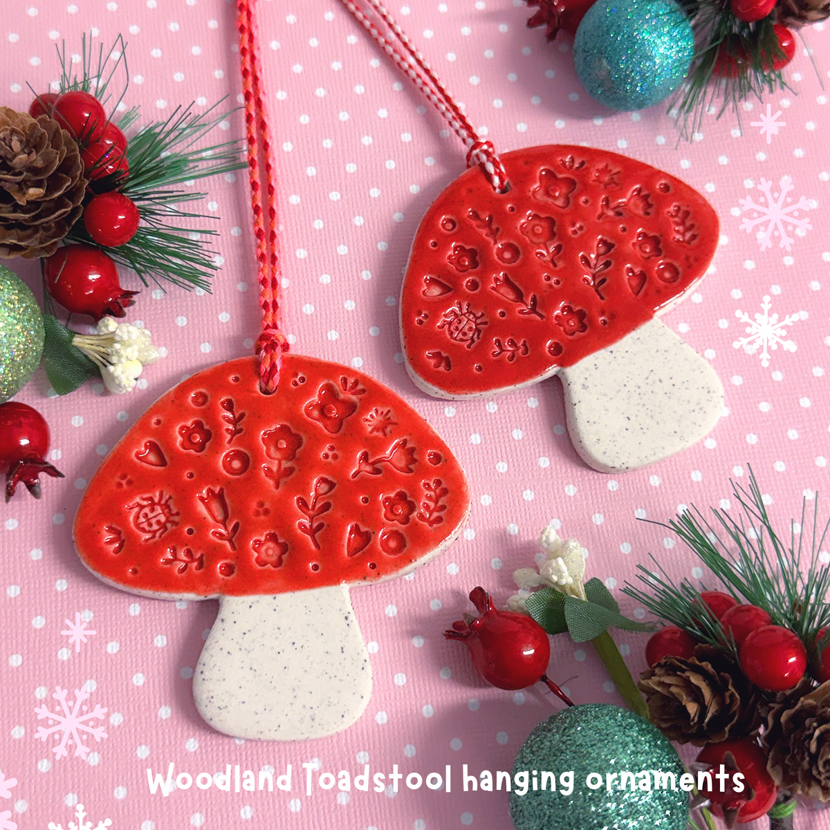 Woodland Toadstool large Ornament : Ruby Red ~ Handmade Ceramic Ornament by Jo Kealley