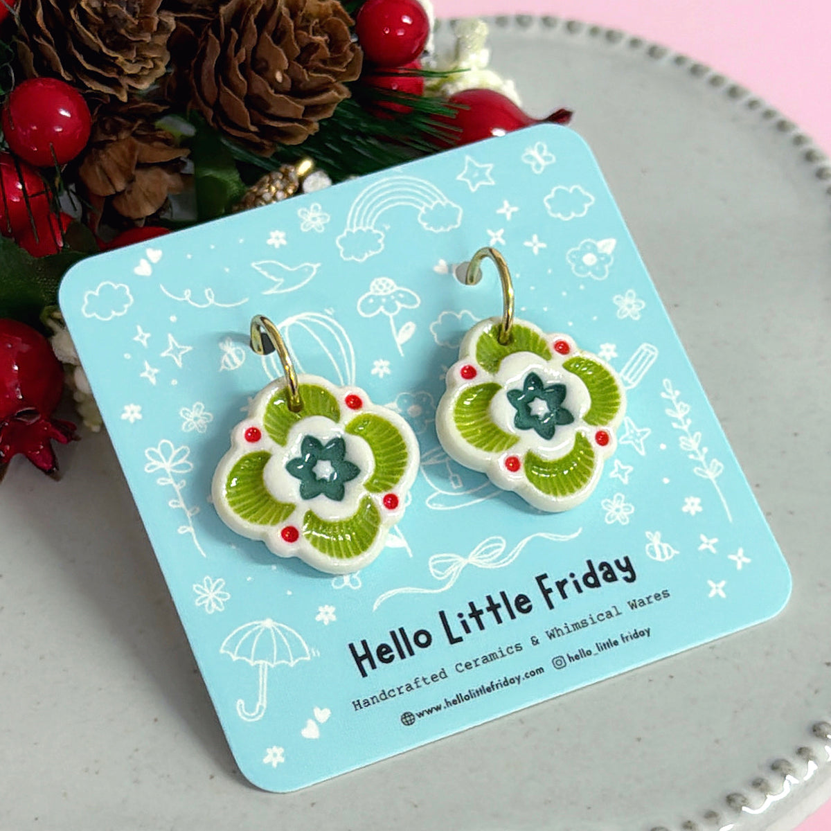 MISTLETOE ~ FESTIVE ORNAMENTS : PORCELAIN Drop Earrings Handmade by Jo Kealley