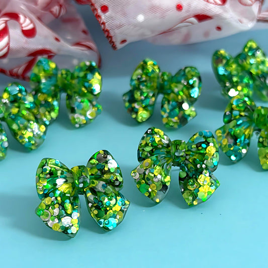 FESTIVE BOWS : EMERALD CONFETTI : Handmade Resin Midi Stud Earrings