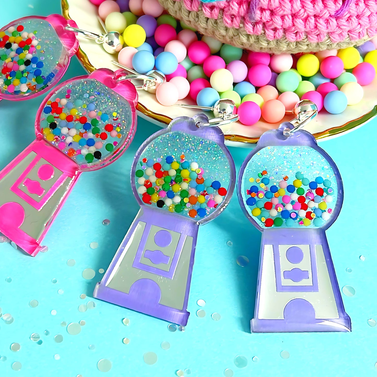 YUM YUM BUBBLEGUM : Shiny silver & pastel : Handmade Stud-top Resin & Acrylic DROP Earrings