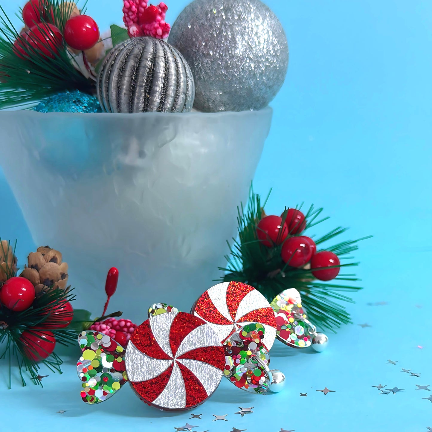 HELLO CHRISTMAS SWEETIE BON BONS : Peppermints : Handmade Resin & Acrylic DROP Earrings