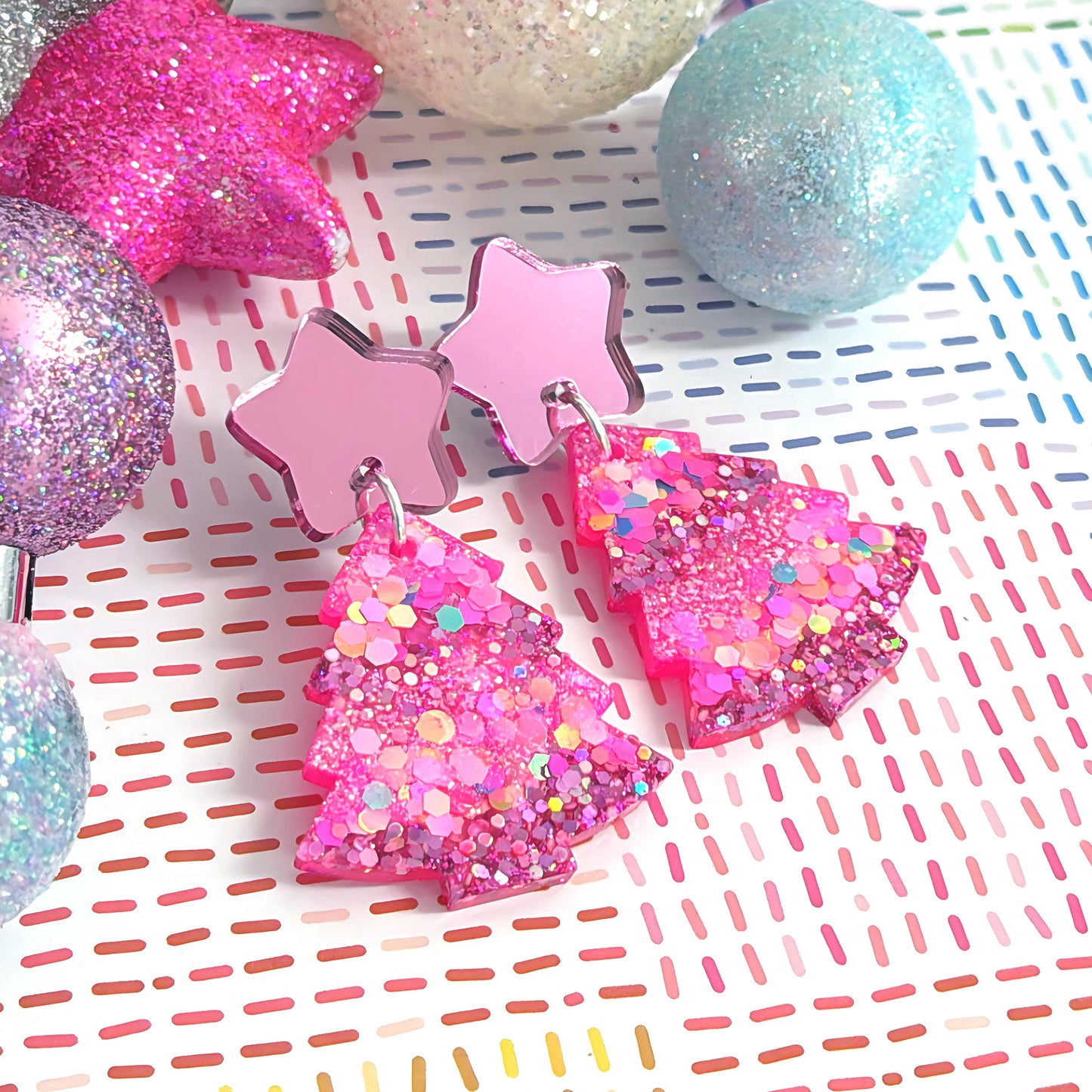 TWINKLING LIGHTS 
: PINK CHRISTMAS TREES : Handmade Resin & Acrylic Stud-top DROP Earrings