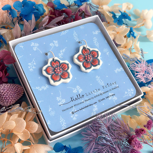 BUTTERCUPS Denim blue & Pink : One of a kind pair ~ PORCELAIN Drop Earrings Handmade by Jo Kealley