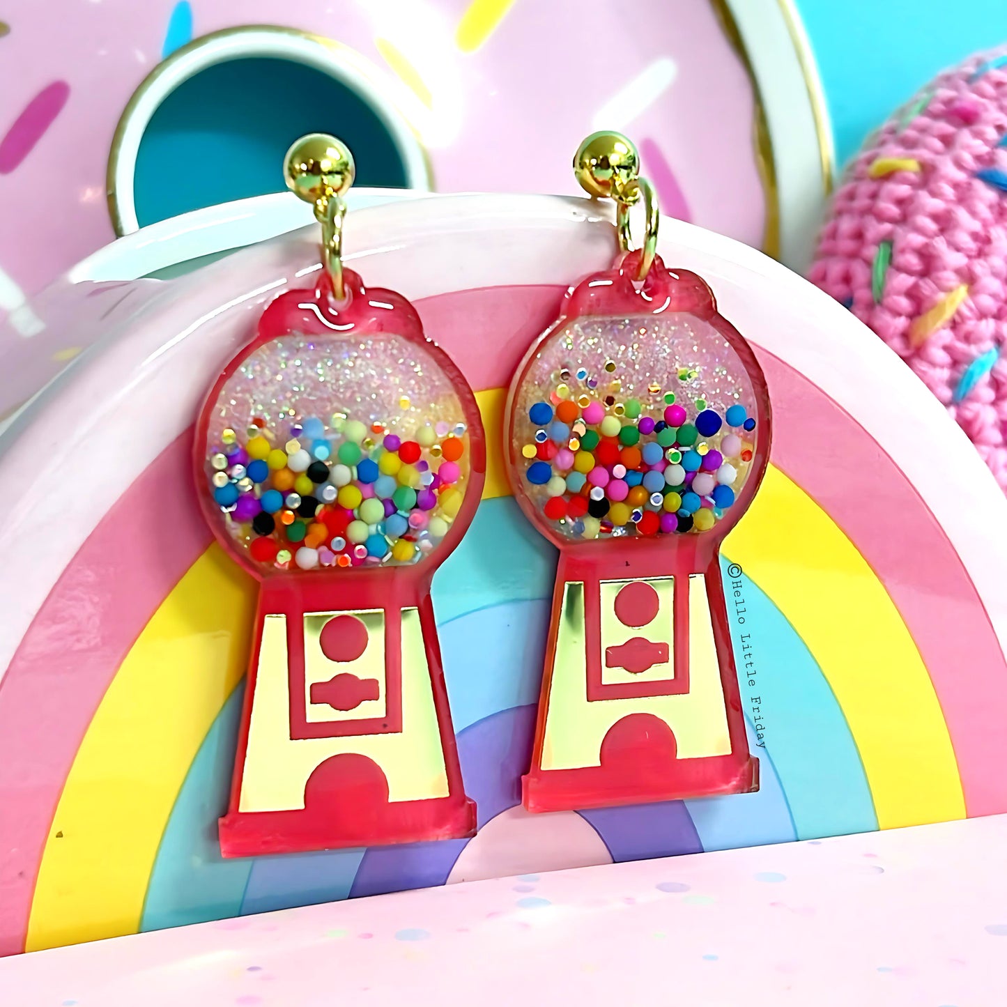 YUM YUM BUBBLEGUM : Golden glow & ruby red : Handmade Stud-top Resin & Acrylic DROP Earrings