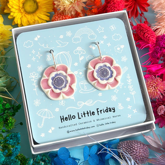 PEONIES Violet & Lavender ~ One of a kind pair : PORCELAIN Drop Earrings Handmade by Jo Kealley