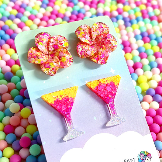 IT’S 5 O’CLOCK SOMEWHERE : Frangipani & Cocktail SET : Handmade Resin STUDS