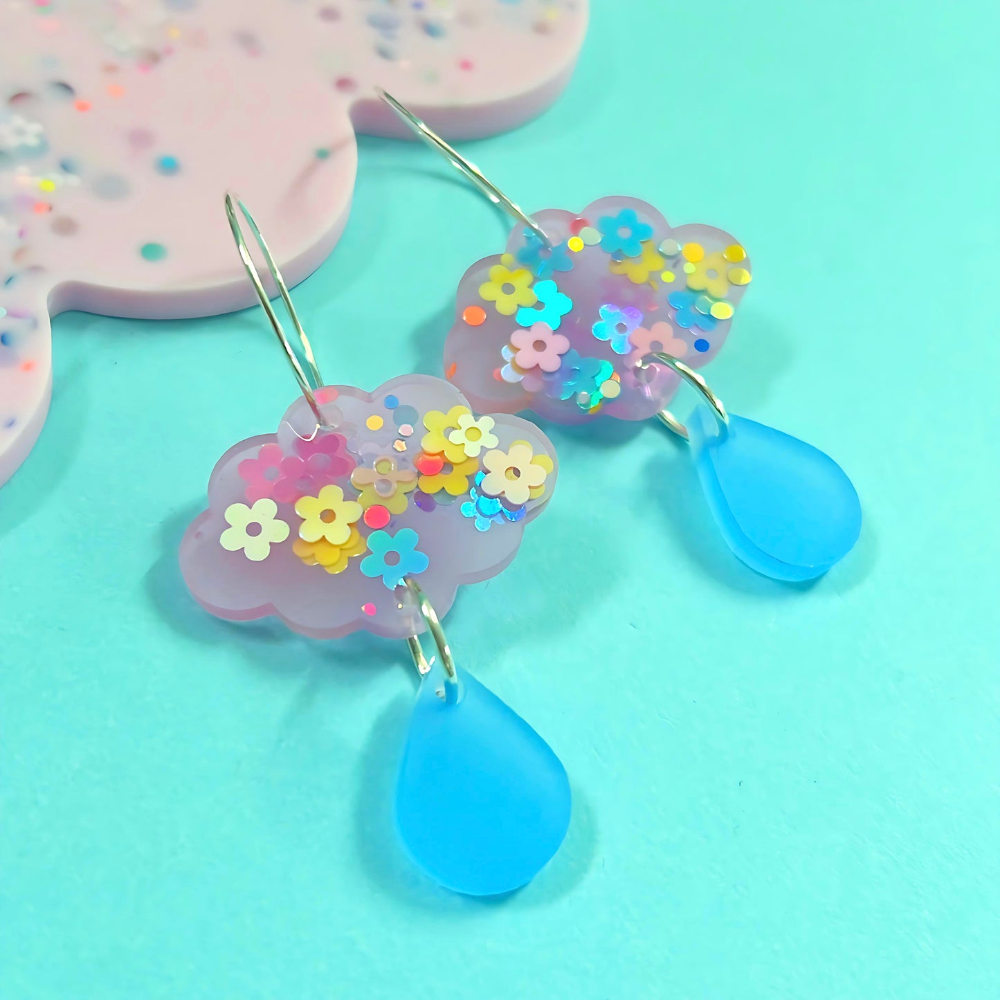 IT’S RAINING RAINBOWS : Blossom cloud blue drops : Handmade Resin & Acrylic DROP Earrings