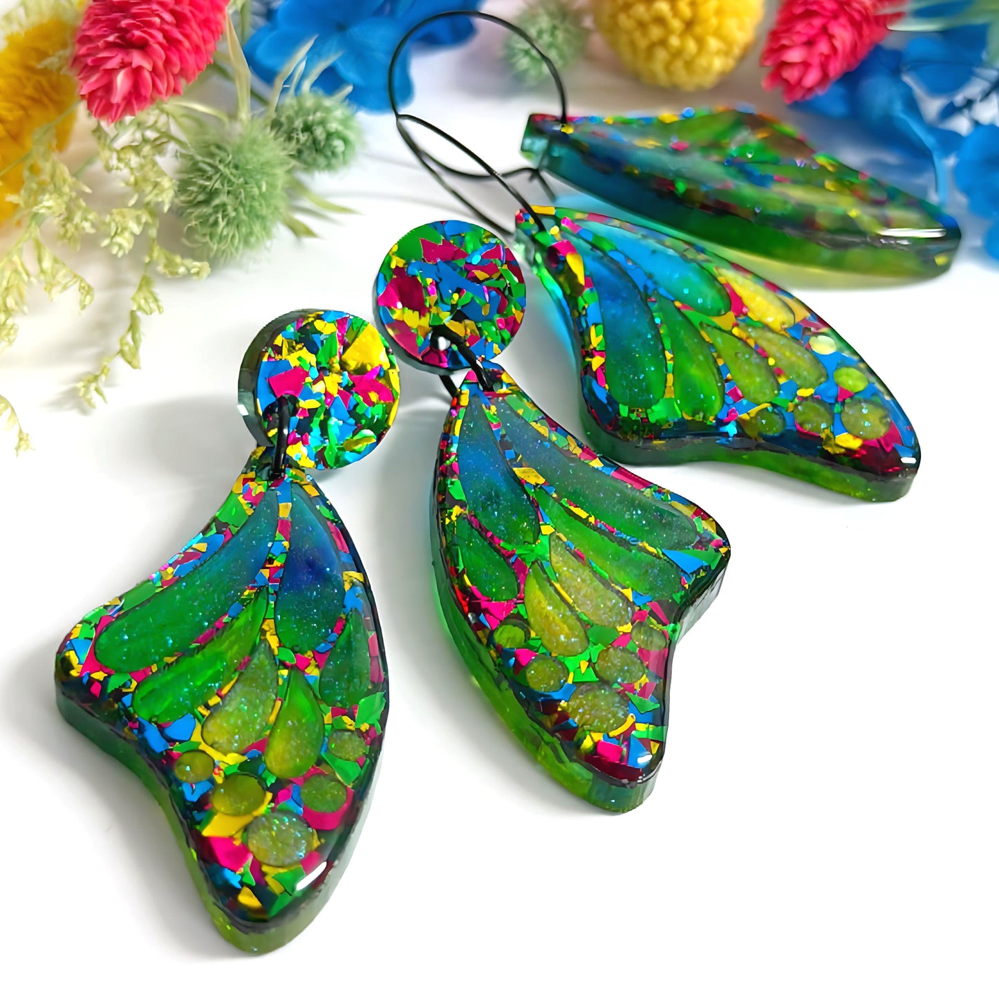 STAINED GLASS EFFECT MAGICAL RAINBOW WINGS : Butterfly Fairy : Handmade Holographic Resin & Acrylic DROP Earrings