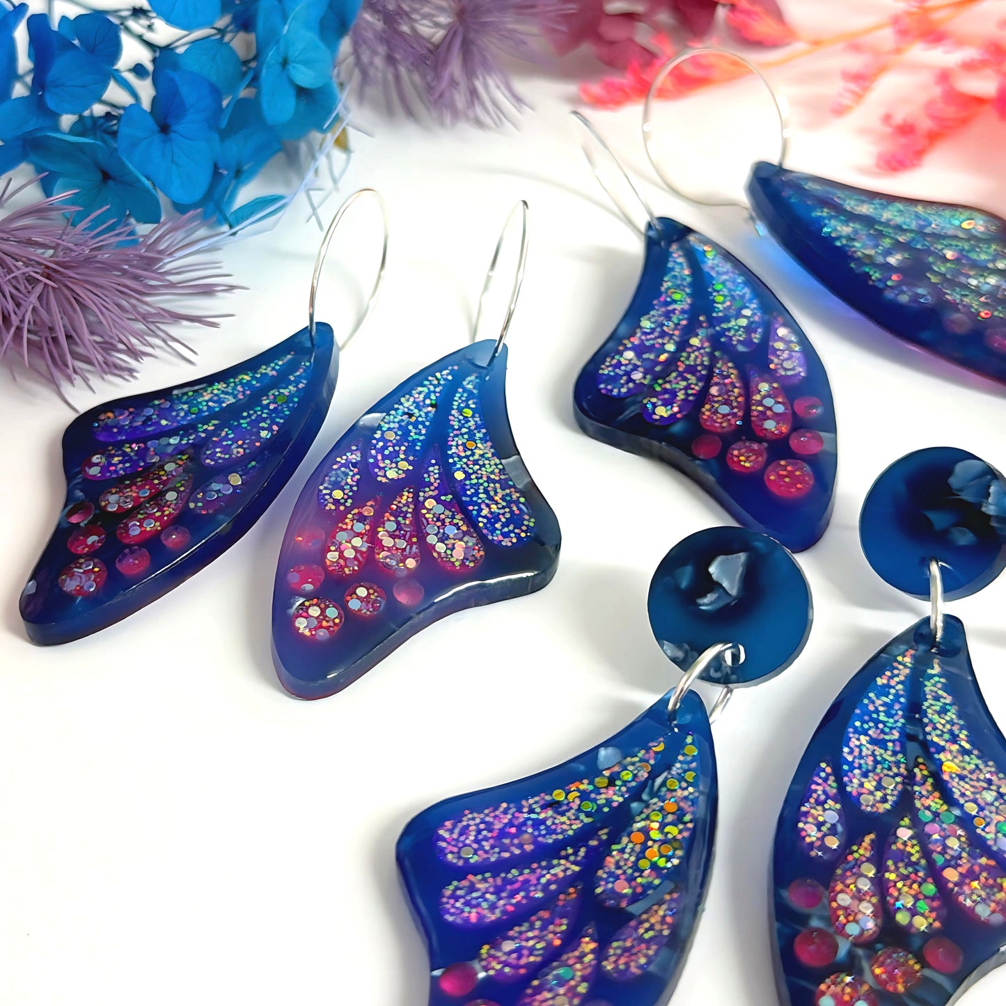 STAINED GLASS EFFECT IRIDESCENT WINGS : Butterfly Fairy : Handmade Holographic Resin & Acrylic DROP Earrings