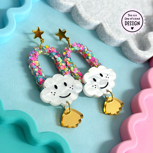 One of a Kind : HAPPY CLOUDS : Handmade Resin & Acrylic DROP Earrings