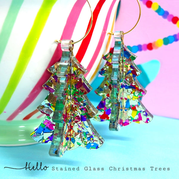 3D STAINED GLASS CHRISTMAS TREE : GOLDEN RAINBOW : Handmade Acrylic DROP Earrings
