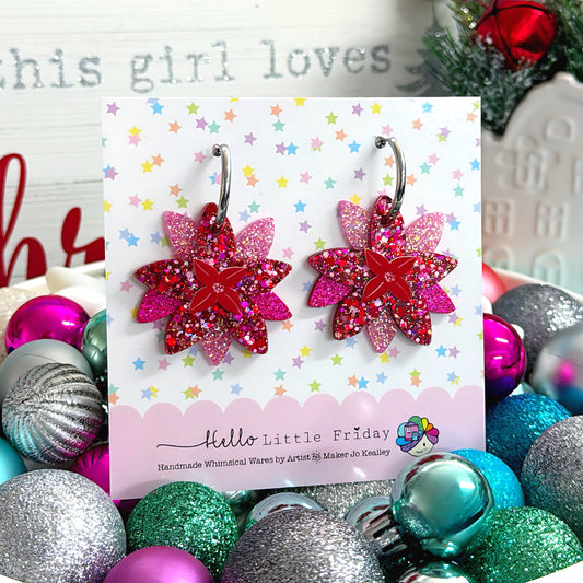 LIMITED EDITION 💝 GLISTENING POINSETTIAS : Merry PinkMAS : Handmade Resin & Acrylic DROP Earrings