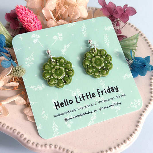 One of a kind CHRISTMAS GREEN WREATH: PORCELAIN Drop Earrings Handmade by Jo Kealley