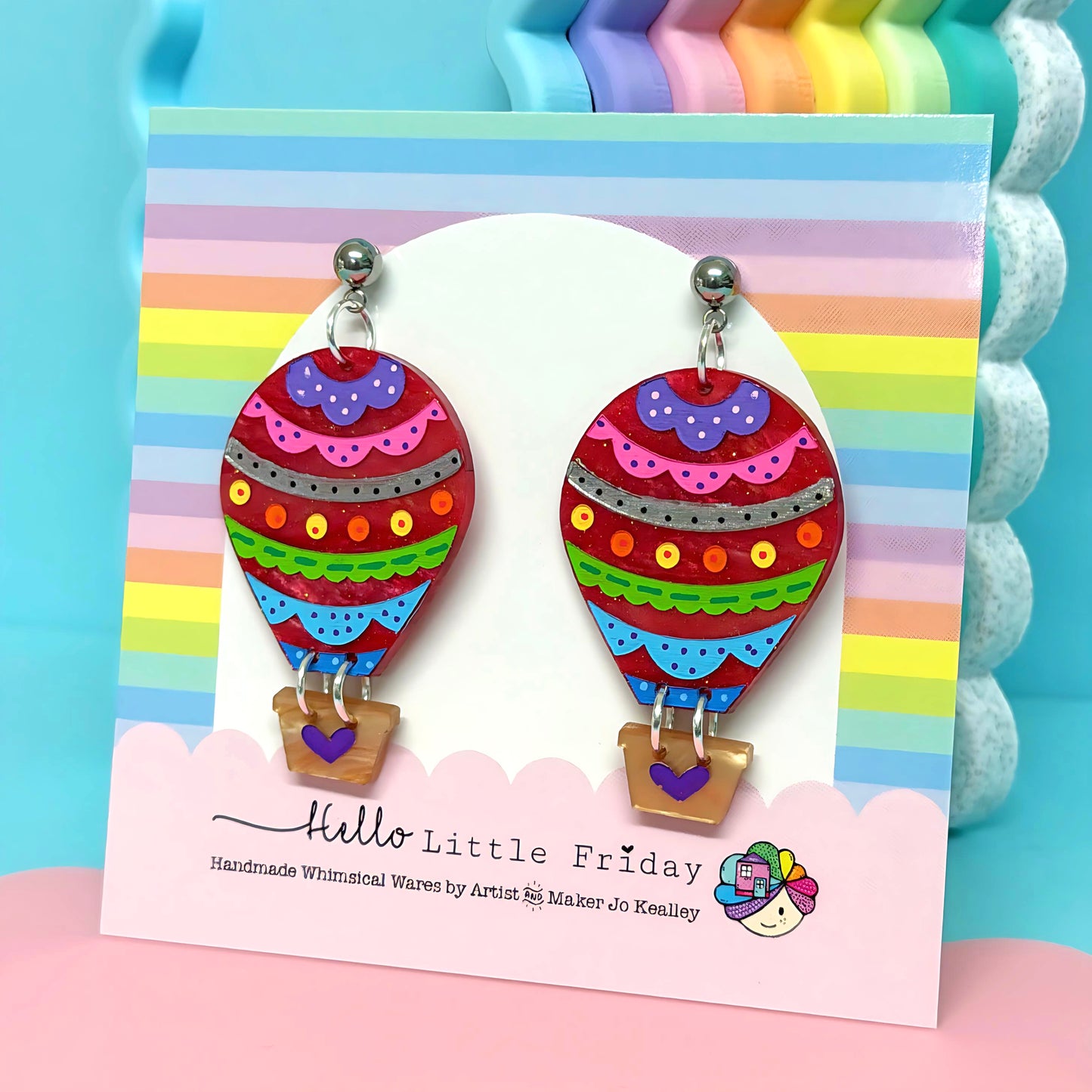 One of a kind pair - LET’S FLY AWAY : Hot Air Balloons : Handmade Resin & Acrylic Stud-top DROP Earrings