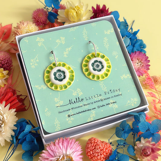 RUFFLE BLOSSOMS Lemon Lime ~ PORCELAIN Drop Earrings Handmade by Jo Kealley