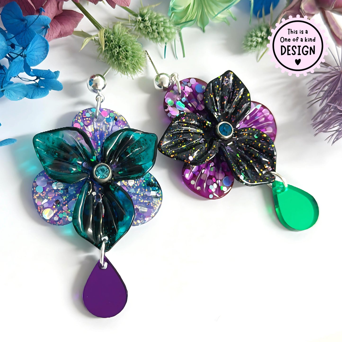 One of a Kind : 3D PANSIES with handset Swarovski centres : Asymmetrical Design : Handmade Resin DROP Earrings