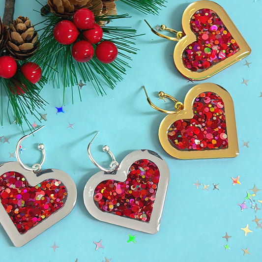 SCARLET CONFETTI HEARTS : Choose silver or Gold Handmade Resin & Acrylic DROP Earrings