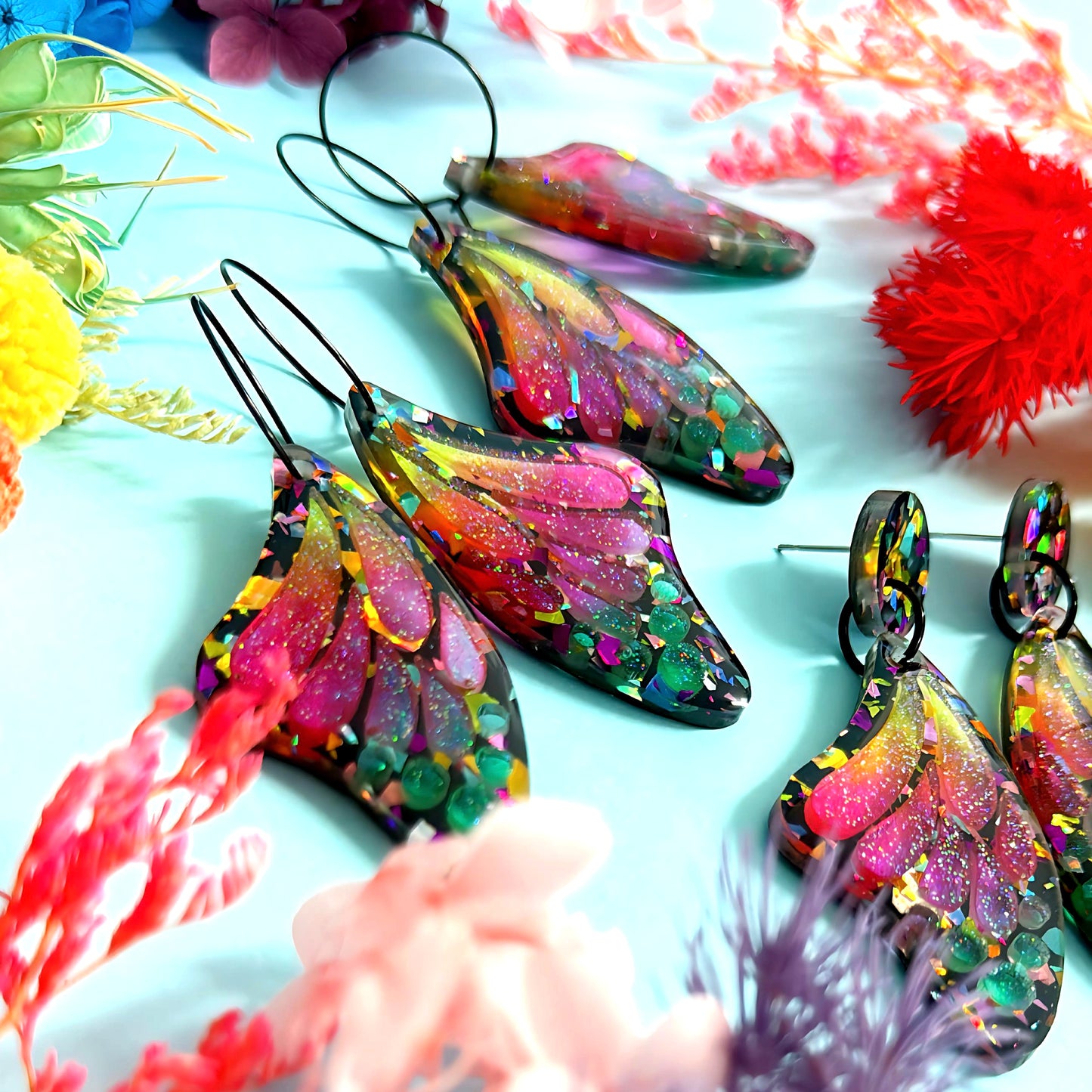 STAINED GLASS EFFECT MAGICAL RAINBOW WINGS : Butterfly Fairy : Handmade Holographic Resin & Acrylic DROP Earrings