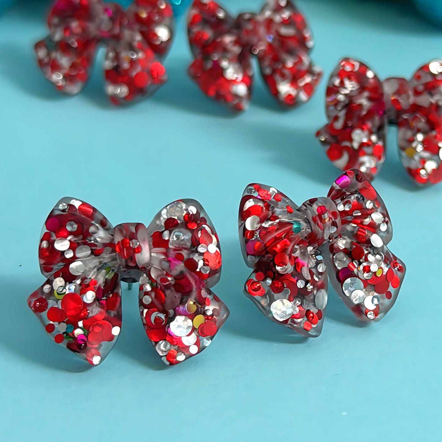 FESTIVE BOWS : RUBY CONFETTI : Handmade Resin Midi Stud Earrings