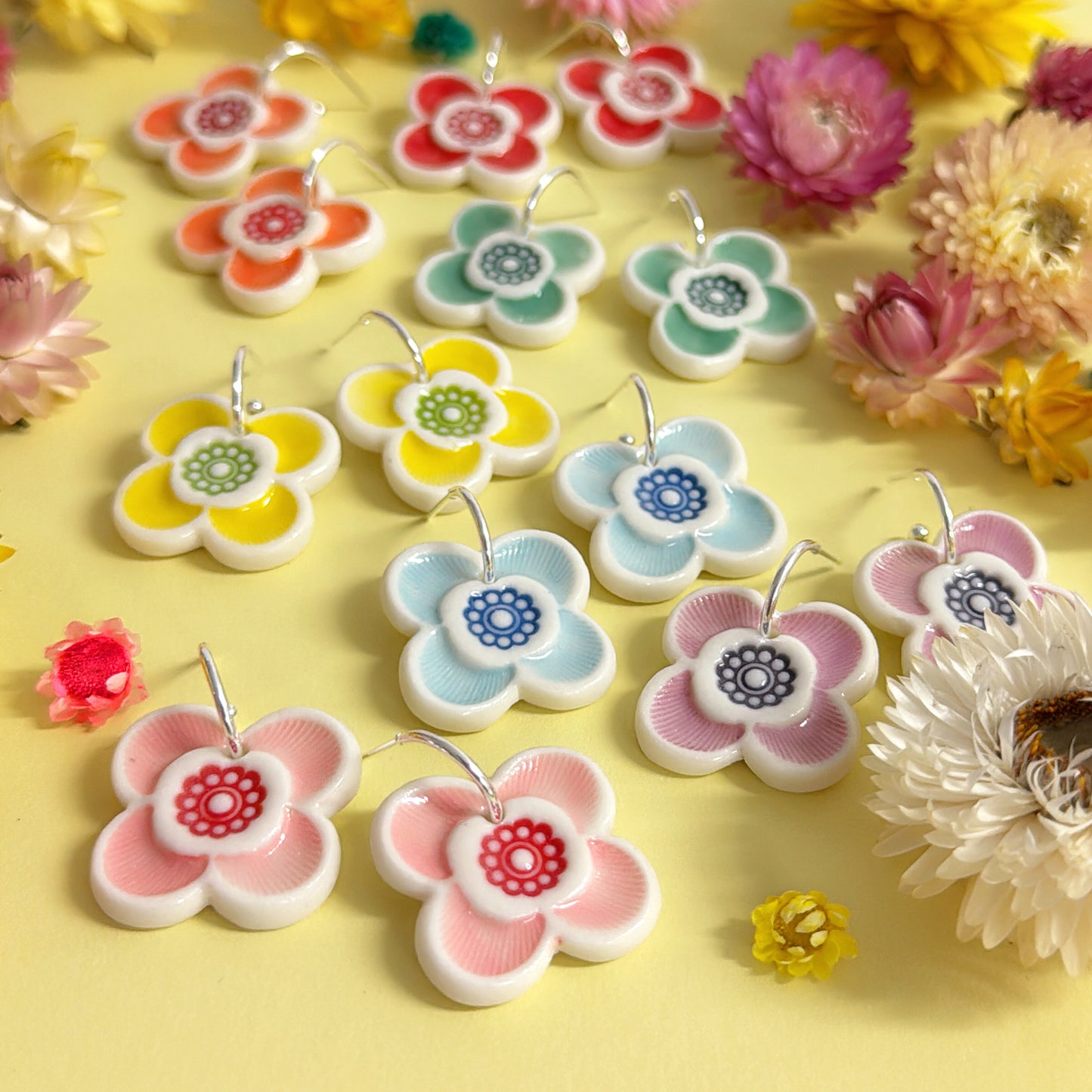 RAINBOW FIELDS : 
LUCKY PETALS ~ Choose your colour : PORCELAIN Drop Earrings by Jo Kealley