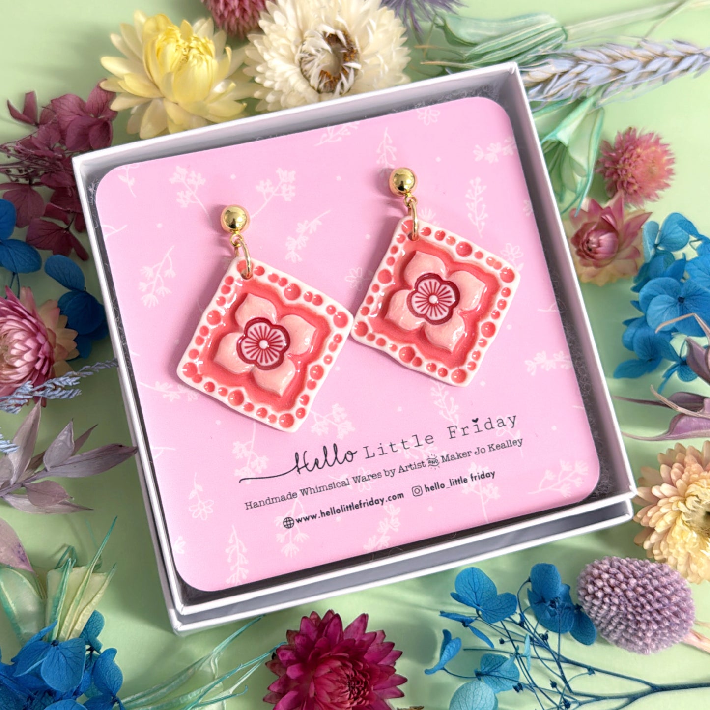 FLORAL TILES Rose Pink & Ruby : One of a kind pair ~ PORCELAIN Drop Earrings Handmade by Jo Kealley