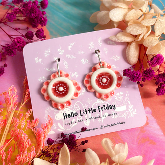 RUFFLE STARS Peony & Rose Red ~ PORCELAIN Drop Earrings Handmade by Jo Kealley