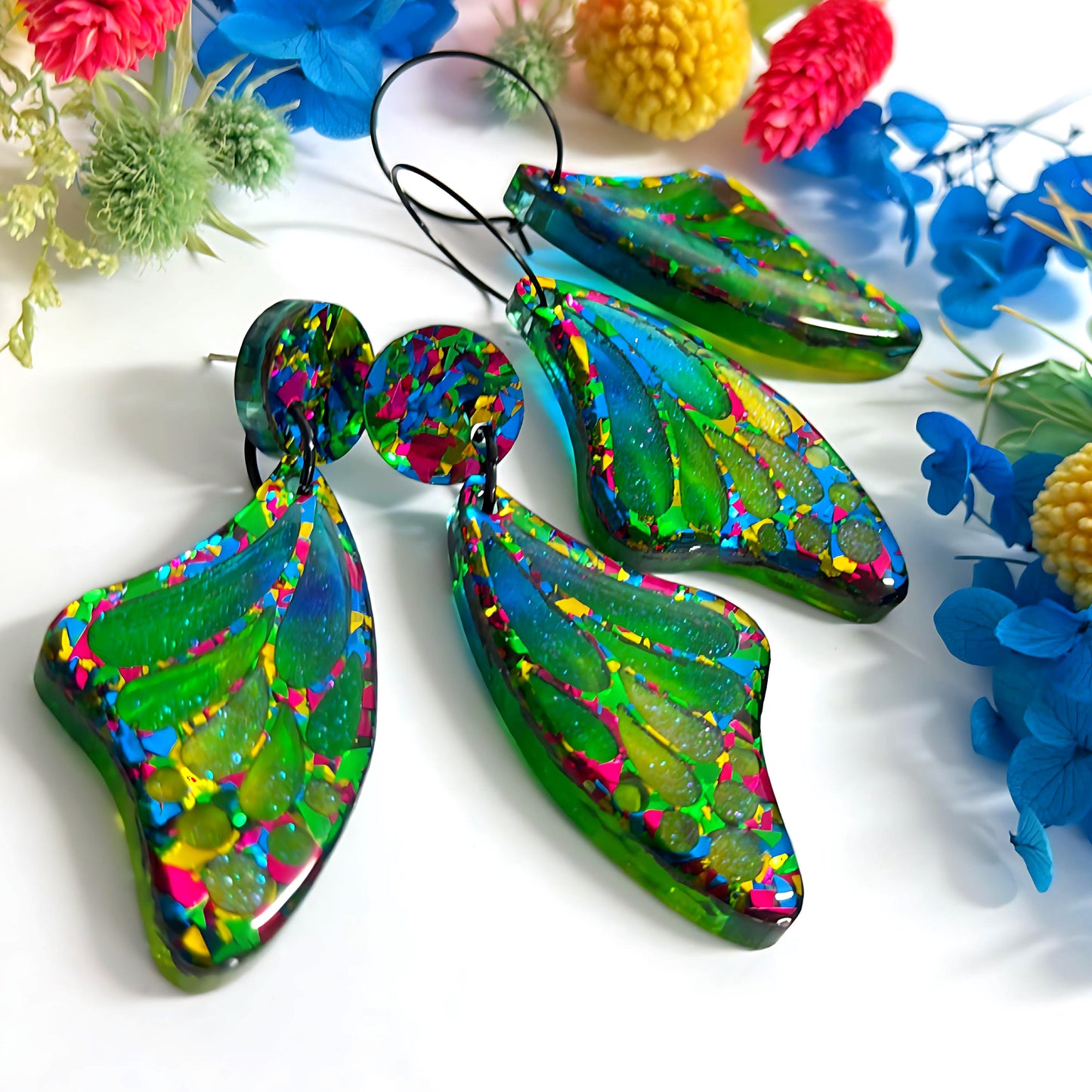 STAINED GLASS EFFECT MAGICAL RAINBOW WINGS : Butterfly Fairy : Handmade Holographic Resin & Acrylic DROP Earrings