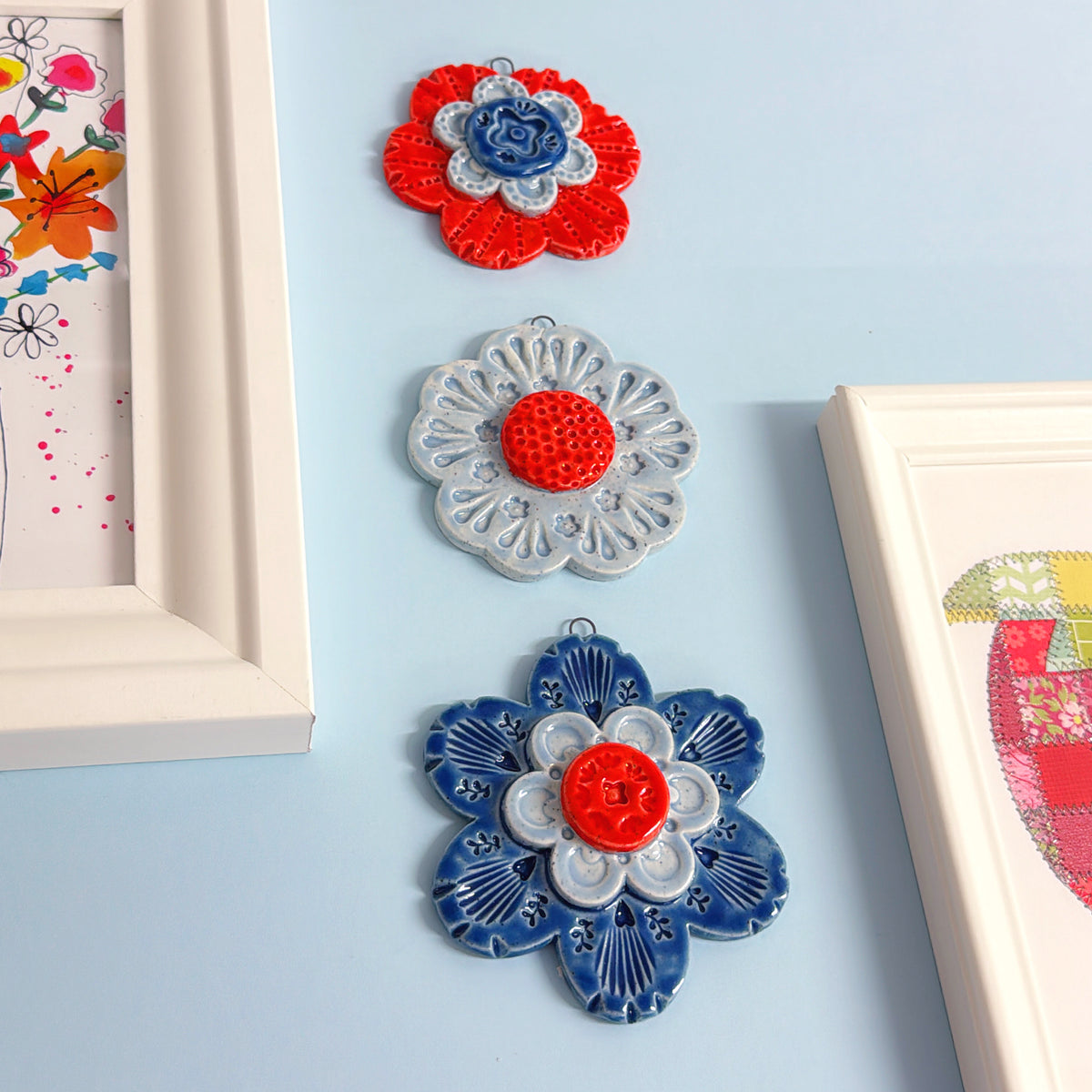 Ruby red Sky Blue & Cobalt 💙 WALLFLOWERS Wall Art : Choose your design : Handmade Ceramic Ornaments by Jo Kealley