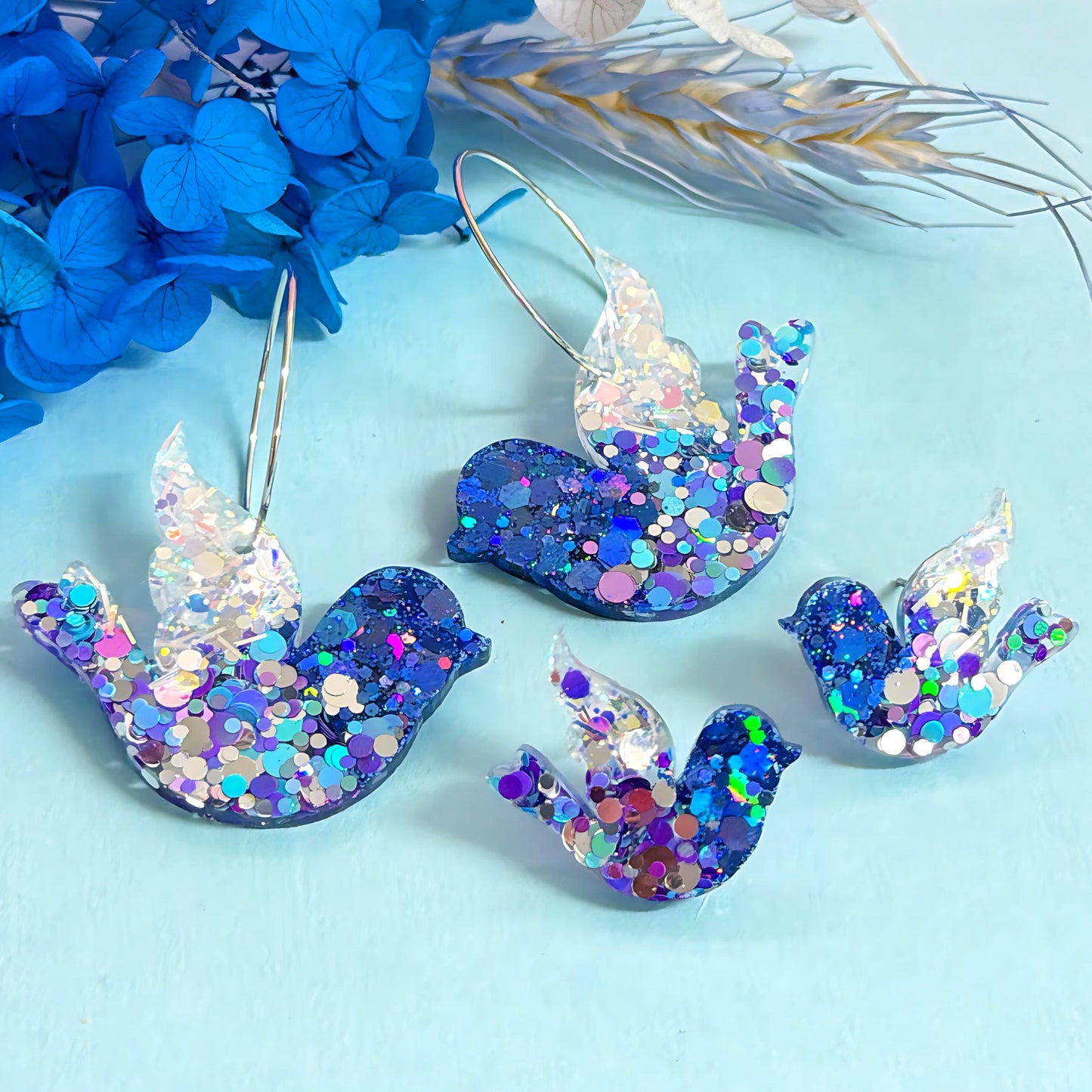 BLUEBIRD OF HAPPINESS : Choose STUD or DROP style: Handmade Holographic Resin Earrings