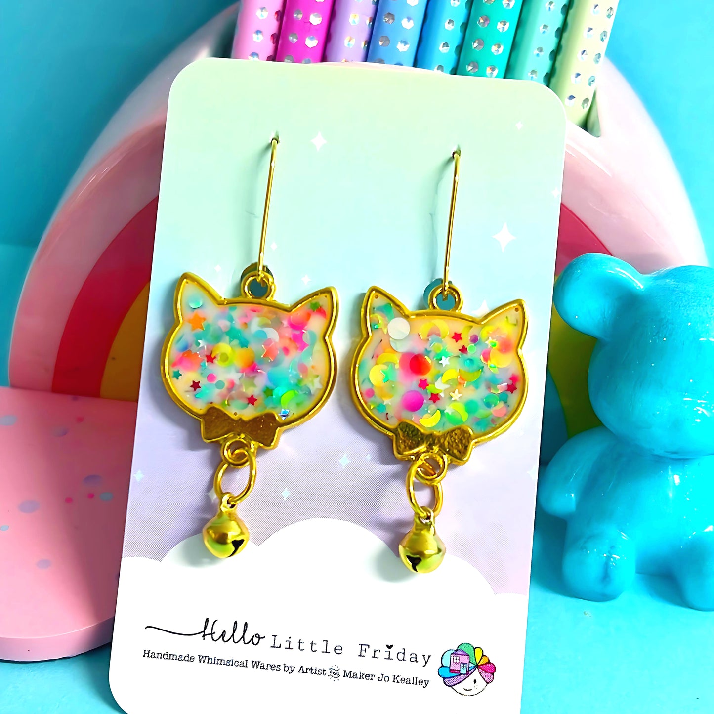 HELLO RAINBOW JINGLE KITTY :: Handmade Resin DROP Earrings