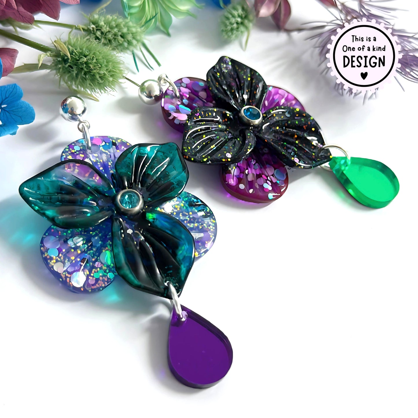 One of a Kind : 3D PANSIES with handset Swarovski centres : Asymmetrical Design : Handmade Resin DROP Earrings