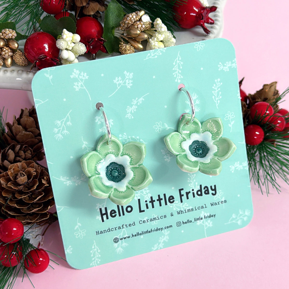 CHRISTMAS STARFLOWERS Mistletoe : PORCELAIN Drop Earrings Handmade by Jo Kealley