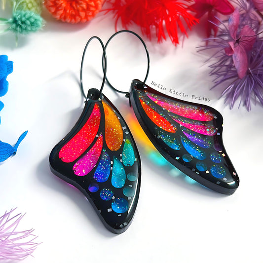 MAGICAL RAINBOW WINGS : Butterfly Fairy : Handmade Holographic Resin DROP Earrings