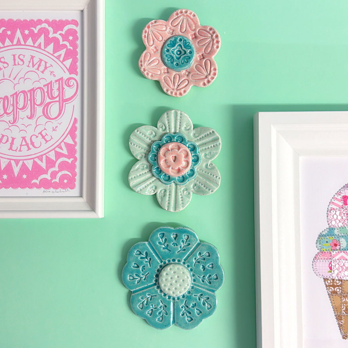 Pink 🩷 Mint & Teal WALLFLOWERS Wall Art : Choose your design : Handmade Ceramic Ornaments by Jo Kealley