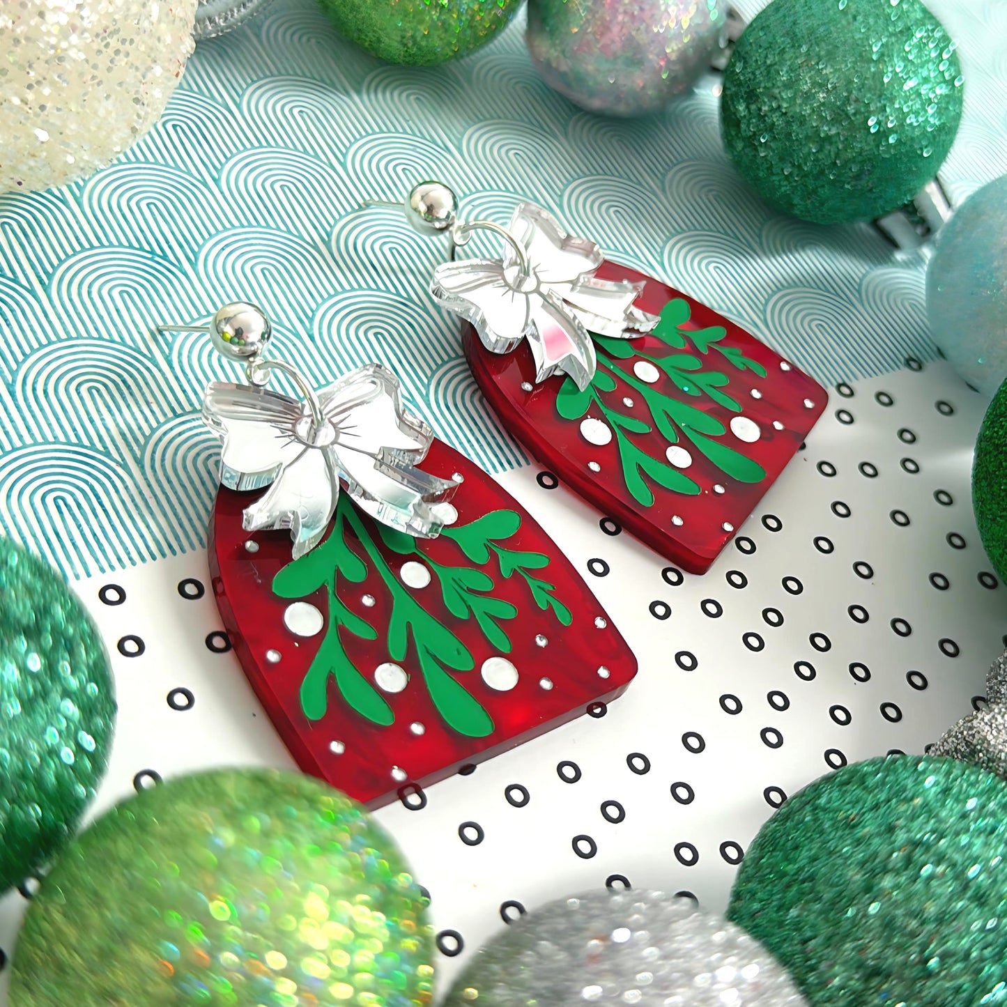 CHRISTMAS MISTLETOE : Handpainted Acrylic Drop Earrings